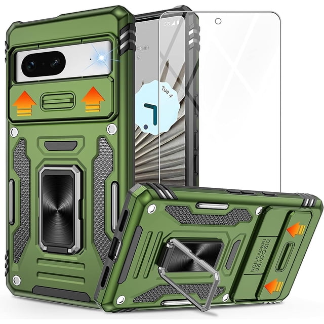 KOMI Pixel 7 Case, Google Pixel 7 Case with HD Screen Protector, Shockproof Google Pixel 7 Phone Case with 360° Magnetic Ring Holder Kickstand Phone Case for Google Pixel 7 Green