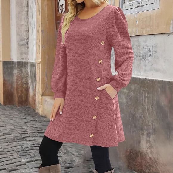 pstuiky Athletic Dress for Women, Women's Loose Long Sleeve Casual Dress with Pockets Button Down Midi Dress for Women Round Neck Tunic Dress for Everyday Wear