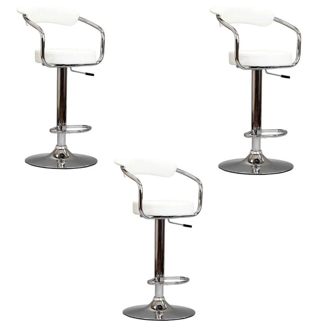 Heavenly Collection Adjustable Stool with stainless steel base SET OF 3 featuring three white cushioned bar stools with chrome curved armrests and backrests, adjustable height from 33 to 41 inches, round chrome footrests, and wide circular chrome bases, ideal for kitchen and dining seating or bar areas.