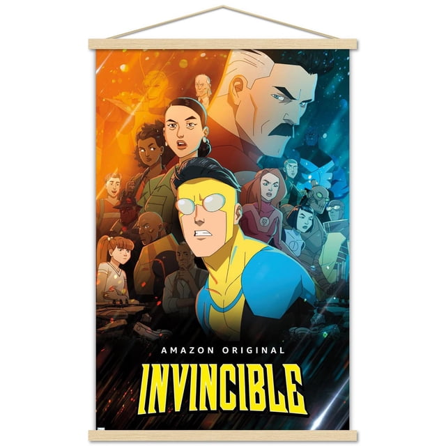 Invincible - Affiche Murale de Groupe un, 22,375 Pouces x 34 Pouces, Impression d'Art Mural Lustré Mettant en Vedette des Superhéros Animés de la Série Originale Amazon Invincible. l'Affiche Montre un Héros central en costume Bleu et Jaune avec un Groupe de Personnages en poses Dynamiques sur un Fond orange et Bleu Divisé, Convient à la Déco de la Maison et à la Décoration de Fêtes.