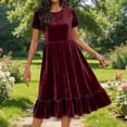 thumbnail image 2 of JGGSPWM Women's Vintage Velvet Dress Solid Color Loose Round Neck Short Sleeve Elastic Waist Tiered Ruffle A-Line Flowy Maxi Dress Red S, 2 of 9