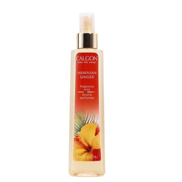 Calgon Brume Corporelle Parfumée Gingembre Hawaïen en Bouteille Vaporisateur Transparente de 237 ml avec Col Doré et Bouchon transparent, Présentant une Étiquette Rouge avec Texte Blanc et une Fleur d'Hibiscus Jaune et des Feuilles de Palmier Vertes, Offrant une Brume Longue Durée, Légèrement Parfumée, Idéale pour Rafraîchir la Peau.