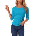thumbnail image 1 of INSPIRE CHIC Women's V Neck 3/4 Sleeves Solid Knitted Buttons Decor Ruched Top Lake Blue M, 1 of 5