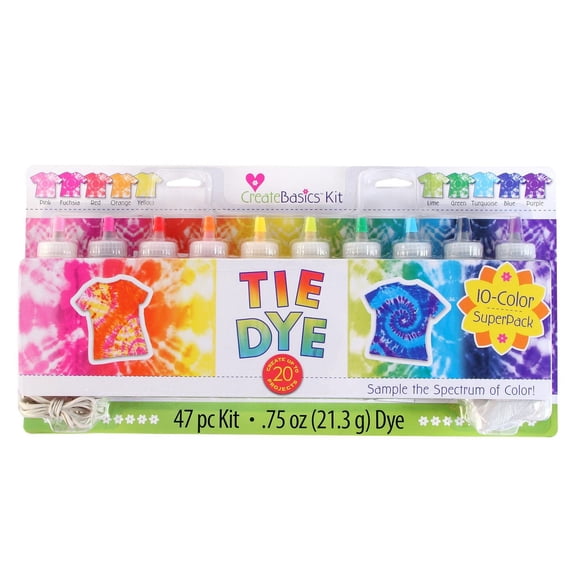 Create Basics 10-Color Tie Dye Party Kit, Fun Party Activity, Birthday Gift, Fashion Art, Permanent & Vibrant Clothing Tie Dye Kit, 10 Rainbow Colors