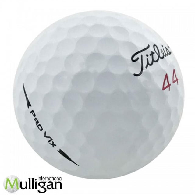 Mulligan - 12 Titleist Pro V1x 2018 4A Recycled Used Golf Balls showing a close-up of a white dimpled golf ball with black 'Titleist' logo, red number 44, and 'Pro V1x' text, highlighting its original condition, excellent distance, soft feel, and greenside control, suitable for golfers seeking quality recycled balls with performance and environmental benefits.