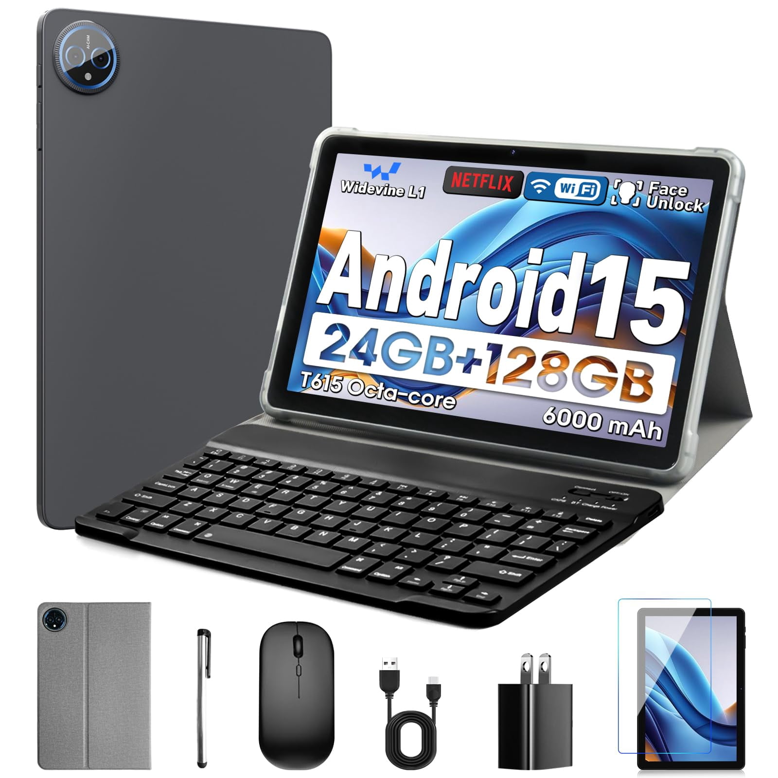 Aobante 10 Inch Tablet, Android 15 with 24GB RAM + 128GB ROM (1TB Expandable), Octa-Core, 1280x800 IPS HD Touchscreen, 5MP+8MP Du
