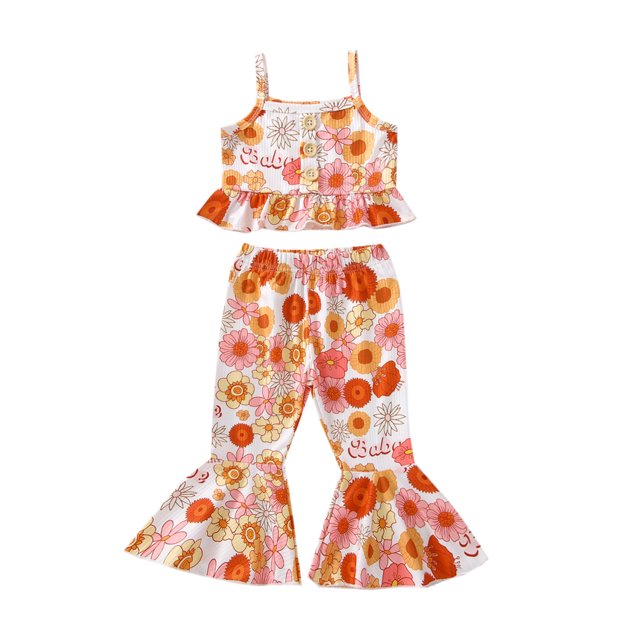 Honganda Toddler Kid Girl Clothes Set Letter/Butterfly Floral Printed Sling Buttons Ruffle Hem Tank Tops with Flared Pants