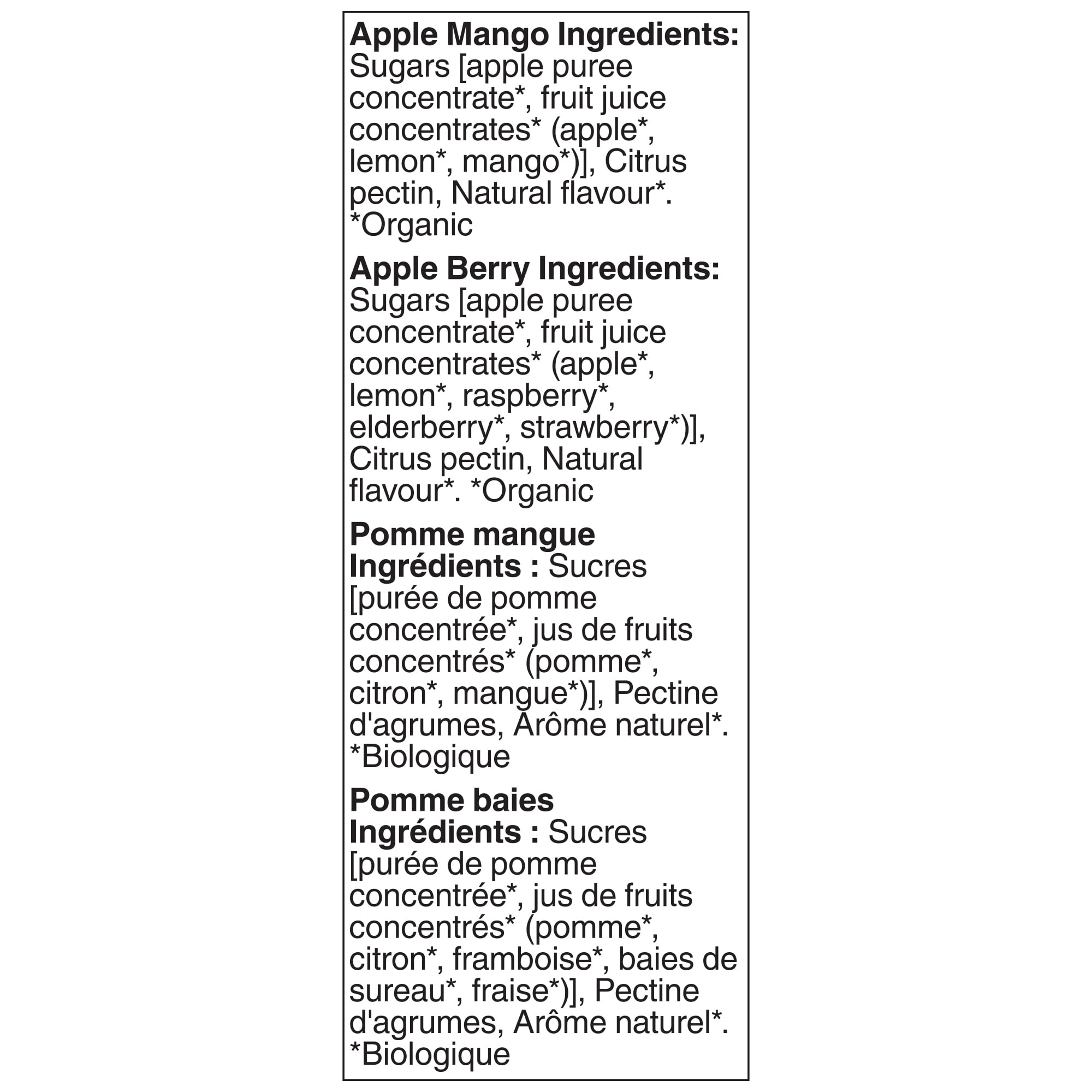 Assortiment de bandes aux fruits biologiques Pomme mangue et Pomme baies SunRype