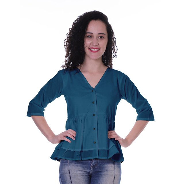 Moomaya Blouse Ethnique en Coton Peplum Col en V pour Femmes