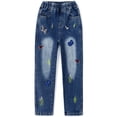 thumbnail image 1 of KIDSCOOL SPACE Ruffled Elastic Waist Colorful Button Decor Vertical Pocket Jeans for Girls,4-5 Years, 1 of 7