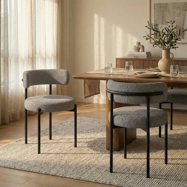 Aykah Meli Dining Chair Set of 4, Modern Boucle Upholstered Chairs with Curved Backrest, Metal Legs, Living Room Furniture, Round Seat Design Kitchen Chairs (Charcoal Black)