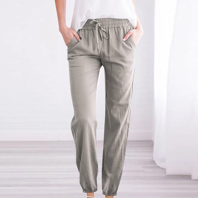 RKSTN Womens Pants Woman Solid Color Cotton And Linen Drawstring Elastic Waist Long Straight Pants Soft Loose Straight Leg Hiking Pants