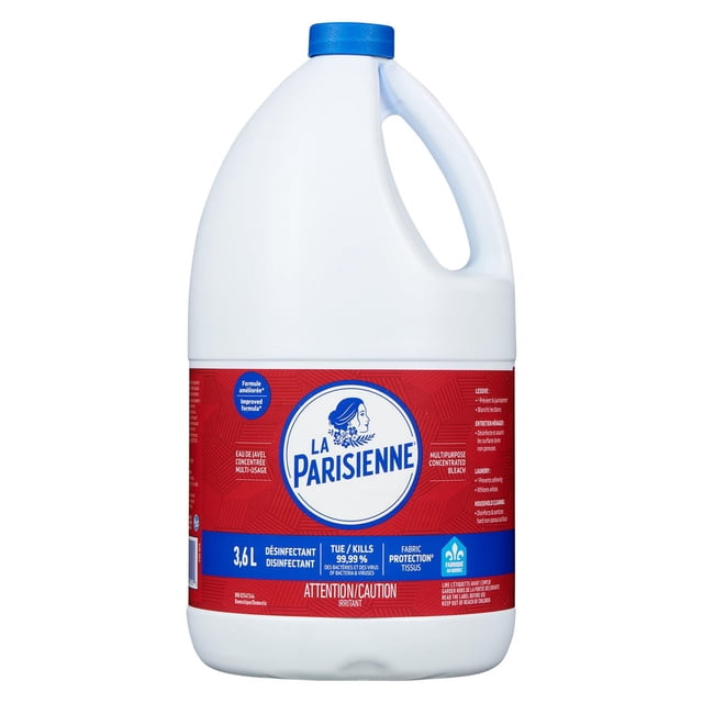 La Parisienne Concentrated Bleach 3.6L in a white plastic jug with a blue screw cap and a red label featuring the brand logo, highlighting its multipurpose use as a disinfectant bleach for laundry and household cleaning that kills 99.99% of bacteria and viruses.
