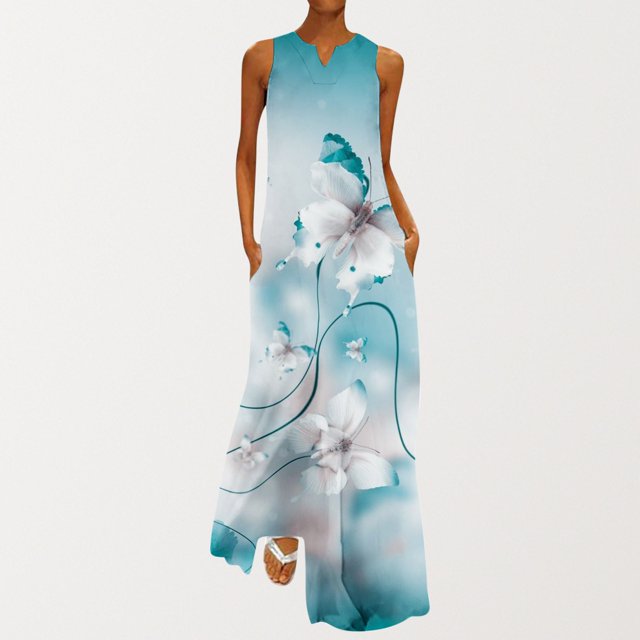 Robes d'Été pour Femmes 2023 Mode d'Été Tendance pour Femmes Robe Imprimée à Col en V Sans Manches à Enfiler avec Poches Combinaison Robe en Liquidation