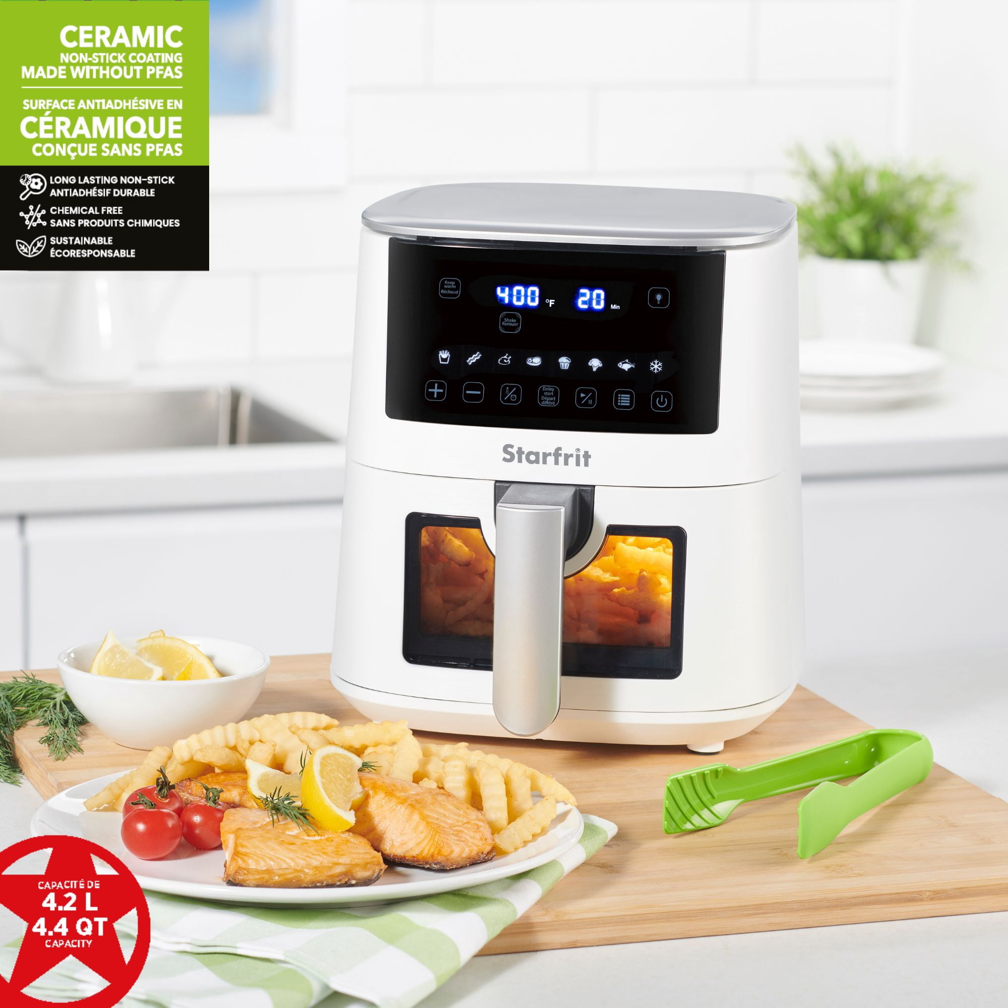 Starfrit Friteuse électrique numérique à air – Capacité de 4,2 L – Surface antiadhésive en céramique – 8 fonctions prédéfinies – Fenêtre de visualisation – 1400 W