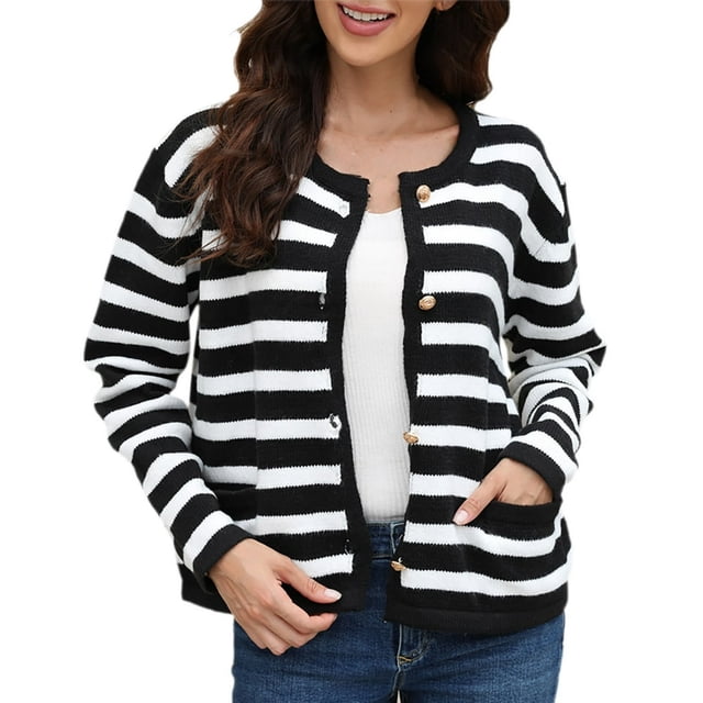 Women‘s Striped Cardigan Sweater Trendy Long Sleeve Button Down Crewneck Knit Cardigans