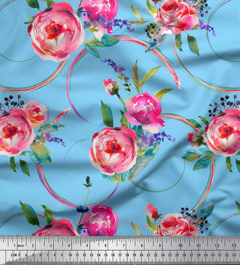 Soimoi Blue Cotton Voile Fabric Leaves & Ranunculus Floral Printed Craft Fabric by the Yard 42 Inch Wide