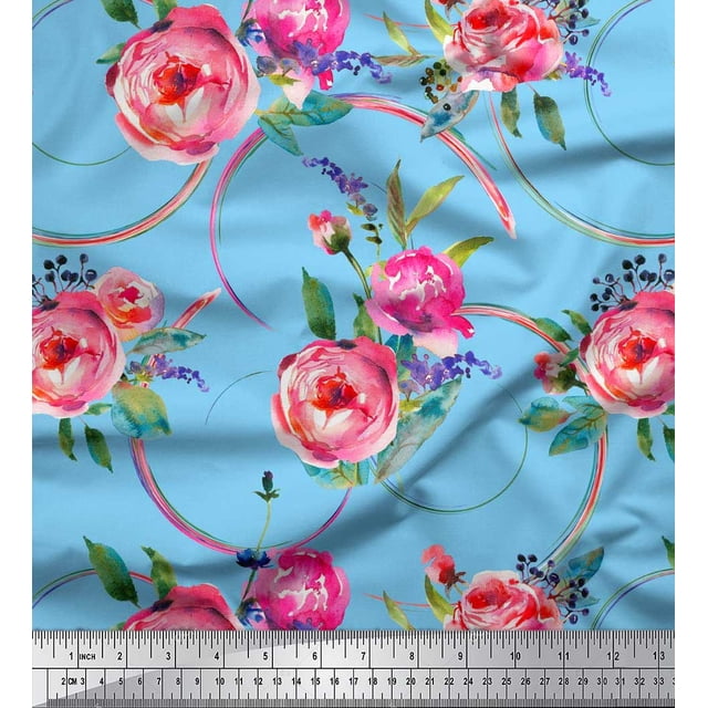 Soimoi Blue polyester Crepe Fabric Leaves & Ranunculus Floral Fabric Prints By Yard 42 Inch Wide