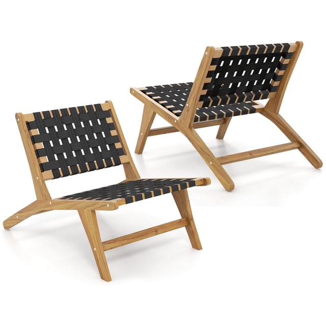 Gymax 2 Pcs Chaise en Teck avec Siège et Dossier en Sangle Tressée Style Mi-Siècle Moderne