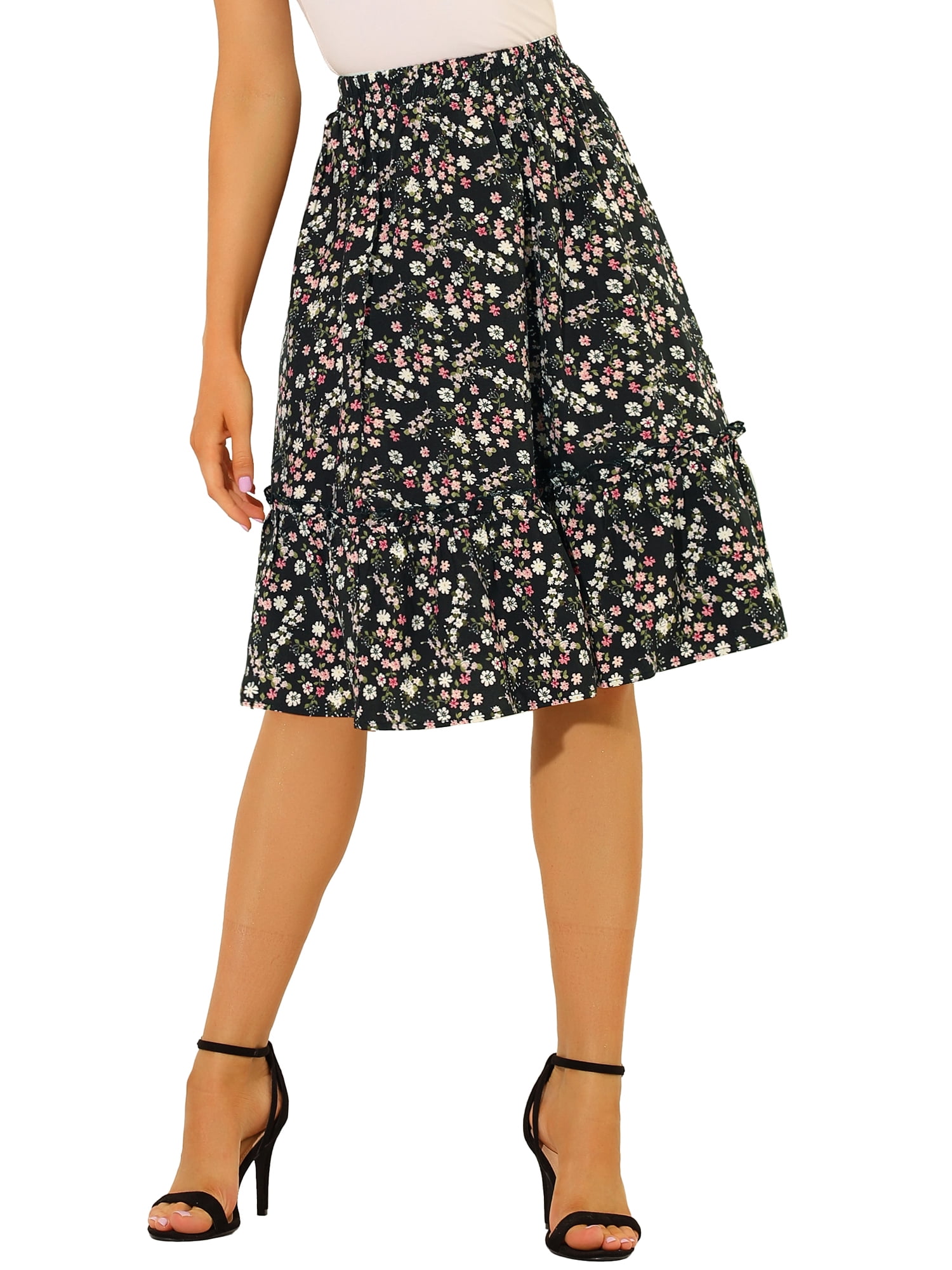 Unique Bargains Women's Ruffle Hem Flowy Tiered A-Line Swing Floral Midi Skirt
