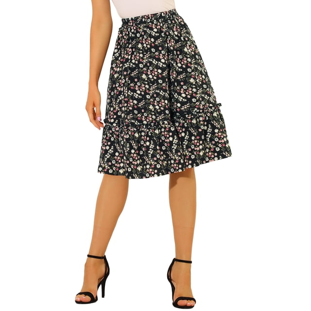 Unique Bargains Women's Ruffle Hem Flowy Tiered A-Line Swing Floral Midi Skirt
