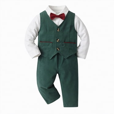 Zanarzt Tenues de Baptême pour Garçons Chemise à Manches Longues Barboteuse Justaucorps Pantalon Manteau avec Cravate 4 Pcs Enfant Kids Tenue de Gentleman Vert, 3-6 Mois