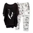 thumbnail image 2 of Mikilon Ensemble de Détente Confortable pour Femmes, Tenue d'Intérieur 2 Pcs, Ensemble de Détente Imprimé, Haut à Manches Mi-Longues à Col Rond + Pantalon, Noir-C 4TG, 2 of 5