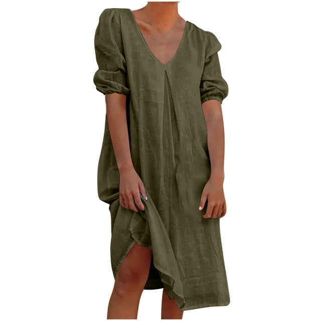 Liquidation d'Été 2025! Robe pour Femme Grande Taille, Liquidation de Robes d'Été pour Femmes, Combinaison d'Été pour Femme en Coton et Lin à Manches Courtes, Col en V, Manches Courtes, Jupe Longue