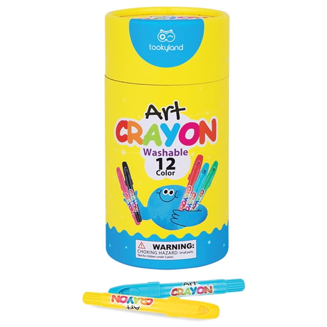 TOOKYLAND Washable Gel Crayons - Silky Twist Up Non-Toxic Crayons for Kids front-facing tubular case of twist-up gel crayons; each plastic-sheathed crayon shows extra-soft stick tips and rich color, water-soluble pigment for pastel/watercolor effects, washes off with warm soapy water, twistable base visible; often used as temporary face paint for parties.