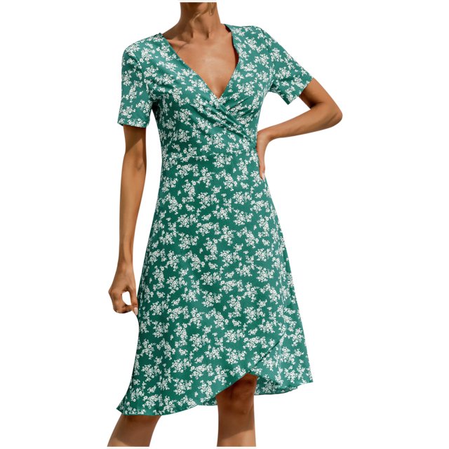 Fridja Robe à Imprimé Floral pour Femmes, Col en V, Manches Courtes, à Lacets, Fête Plage