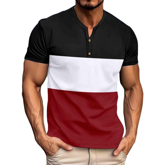 hopeusnice T-Shirt à Manches Courtes à Blocs de Couleur pour Homme Col Henley Coupe Ajustée Tee-Shirts Rouge TG