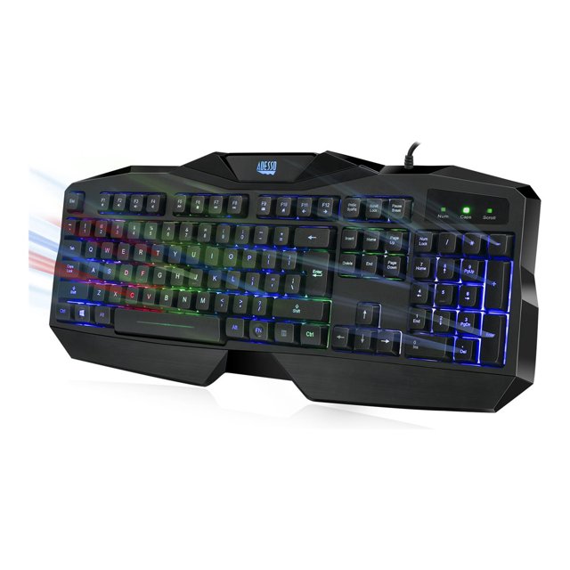 Adesso AKB-138EB Clavier au design Rétroéclairé Multicolore, avec Éclairage DEL Rouge, Vert et Bleu Disposés en Motif Arc-en-Ciel. le Clavier Comprend des Touches Multimédias à Touches Rapides, une Conception Résistante aux Éclaboussures et des Capuchons de Touches Gravés au Laser pour la Durabilité. Il Se Connecte via USB et Convient au Jeu Ou à l'Utilisation au Bureau, Montré dans une Vue Orientée vers l'Avant avec des Touches Illuminées.