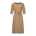 thumbnail image 4 of Bigersell Robes d'Invitée de Mariage pour Femmes en Liquidation, Col Rond, Manches 3/4, Robe Midi Décontractée Style D-177, Robes Élégantes, Robes d'Été Régulières pour Dames, Kaki G, 4 of 8