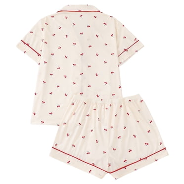 Lixiuxyad S Set Women’s Cherry Print Pajama Set – Short Sleeve Notched Collar Shirt & Shorts Loungewear