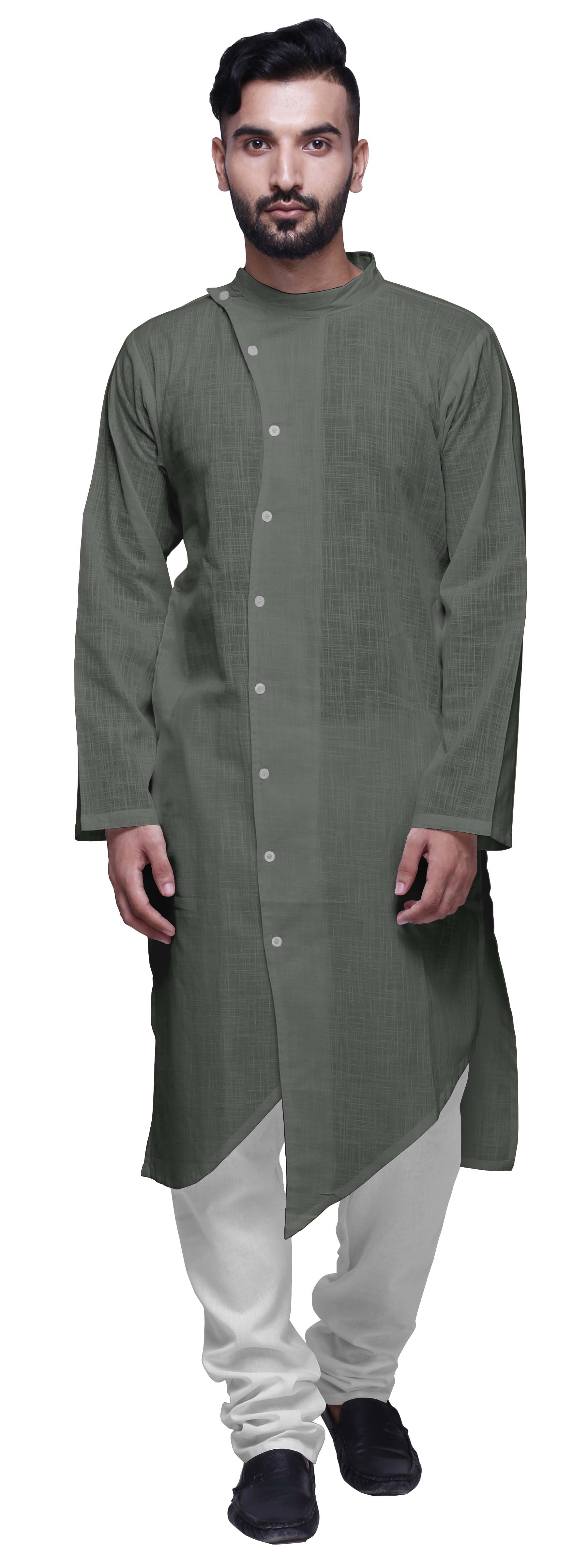 Atasi Kurta pour Homme en Coton Slub Uni à Boutons, Manches Longues, Tenue de Fête Indienne