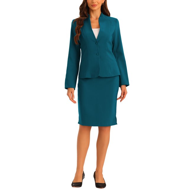 Unique Bargains Tailleur Blazer Sans Col et Jupe Crayon pour Femme, Bleu Lac, 2 Pcs, TP
