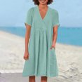 thumbnail image 2 of Swstbby Liquidation d'Économies d'Été! Robe d'Été pour Femmes, Robe Décontractée Ample Mode Rétro en Coton et Lin à Manches Courtes, Col en V, Plissée Vert Menthe G, 2 of 5