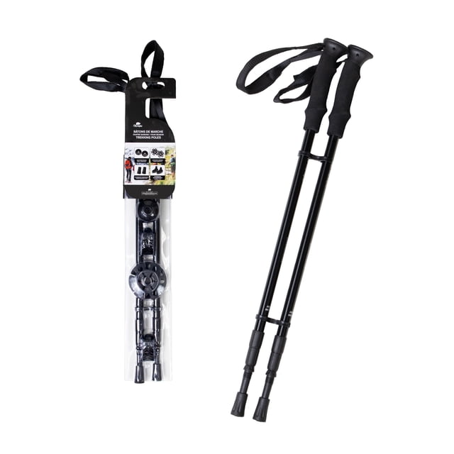 Olympia 6061 Aluminum Trekking Poles with Foam Grips, 2 pack, showing one pair folded in clear packaging with black adjustable straps and winter baskets, and one pair extended with black foam grips, adjustable aluminum shafts, rubber tips, and wrist straps, ideal for hiking, trekking, and Nordic walking on varied terrain.