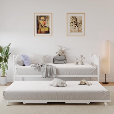 BeesClover Daybed with Trundle, Metal Twin Bed Frame with Pop Up Foldable Trundle Bed, Sofa Bed Frame with Stylish Headboard, Heavy Duty Steel Slats Platform for Living Room, Bedroom and Guest Room