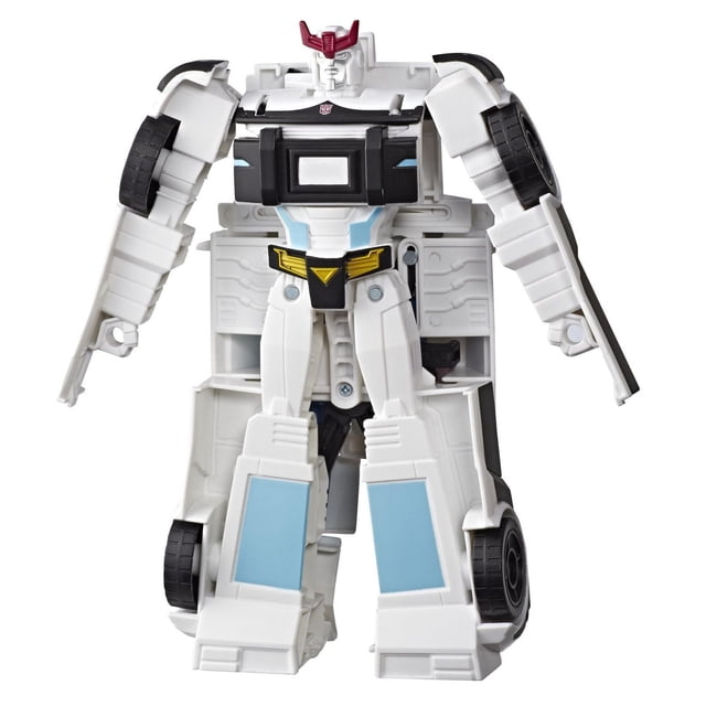 Transformers Cyberverse Action Attackers: Ultra Class Prowl Action Figure Toy in robot mode, white with black wheels on arms and legs, light blue panels on lower legs, red crest on head, and yellow-black belt detail, standing upright on white background, ideal for imaginative battling play.