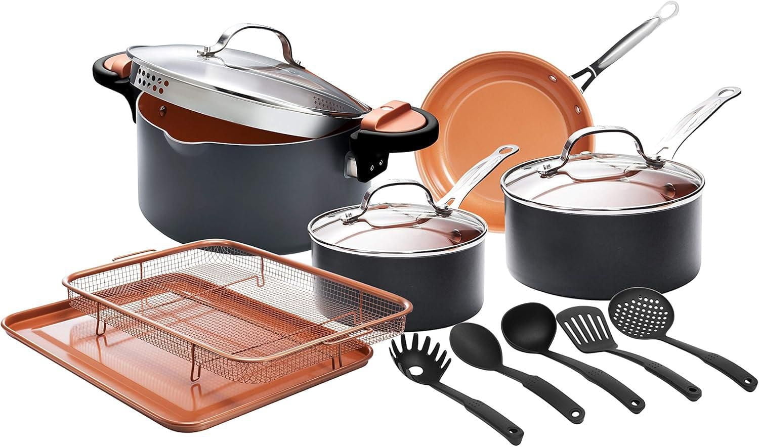 Gotham Steel 14 Piece Nonstick Ceramic Cookware Set Pots and Pans with Crisper Tray Utensils Oven Dishwasher Safe