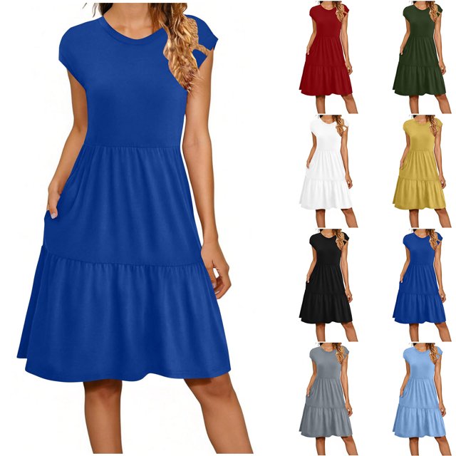 Yuyuzo Robes pour Femmes Décontractées d'Été Col Rond Manches Courtes Évasées à Étages Longueur Genou avec Poches