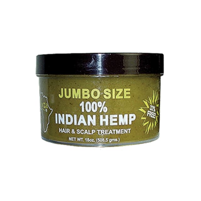 Kuza Indian Hemp Hair & Scalp 18oz treatment jar featuring jumbo size text, 100% Indian hemp, and hair & scalp treatment branding. The jar contains green herbal hair cream enriched with Indian hemp, jojoba, avocado, and botanical oils for conditioning dry scalp and damaged hair.