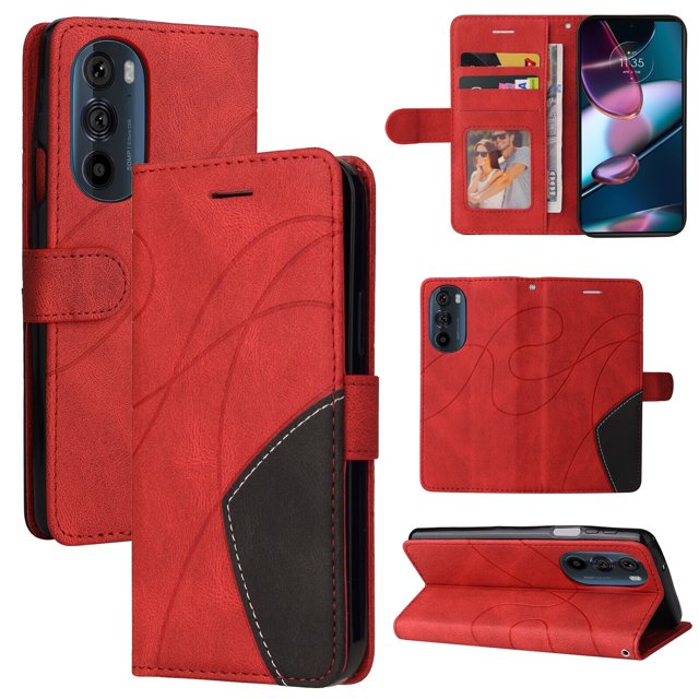Étui Compatible Motorola Edge X30, Étui Portefeuille en Cuir avec Support, Vue, Fermoir Magnétique, Étui Folio à Rabat pour Téléphone - Rouge