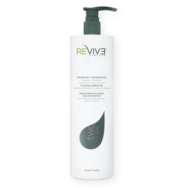 Reviv3 Procare Prime Moisture & Hair Conditioner in a 750ml white bottle with a green pump dispenser. This color-safe conditioner is designed for a healthy scalp and volumizing hair, featuring keratin amino acids, vitamins, and botanical extracts to reduce breakage and frizz while restoring moisture and elasticity. Suitable for natural and color-treated hair.