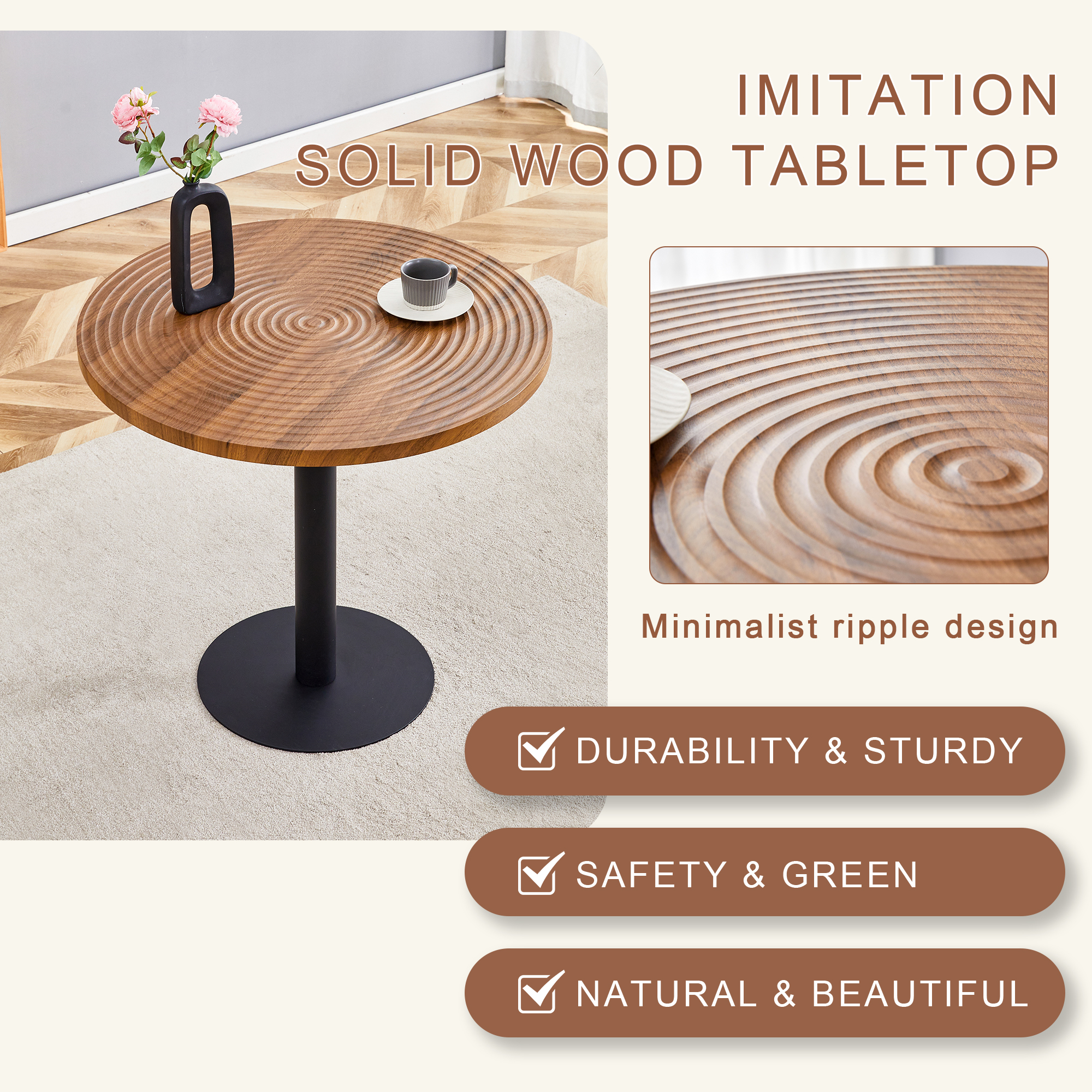 Table de salle à manger ronde Noble House 80 cm, grain de bois foncé avec texture annulaire, noir, bois
