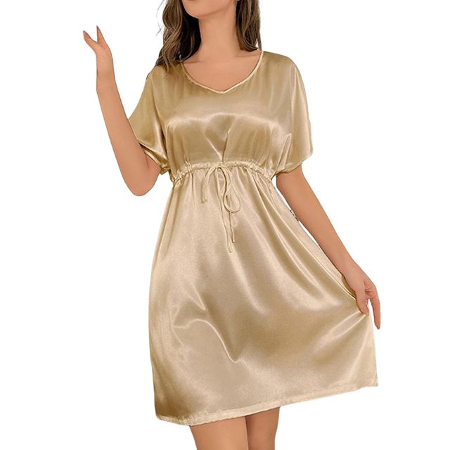 Timegard Robe de Pyjama pour Femme à Col en V, Manches Courtes, Cordon de Serrage, Robe Décontractée et Confortable, Tenue d'Intérieur, Couleur Unie