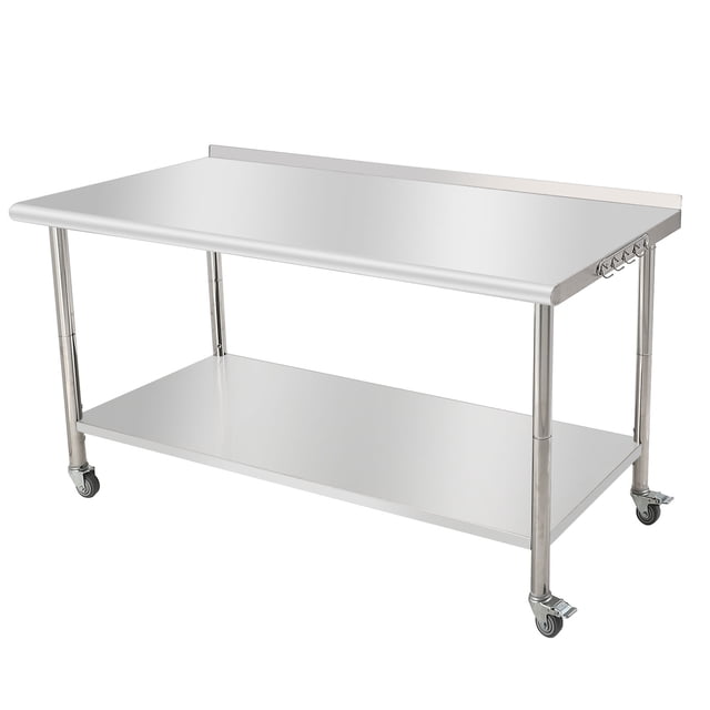 Table de Préparation en Acier Inoxydable NSF - 60x24x35 Pouces - Tablette Inférieure Réglable, avec Roulettes, Plaque Arrière, Bord Courbé, Crochets, pour Restaurant, Brassage à Domicile, Boulangeries