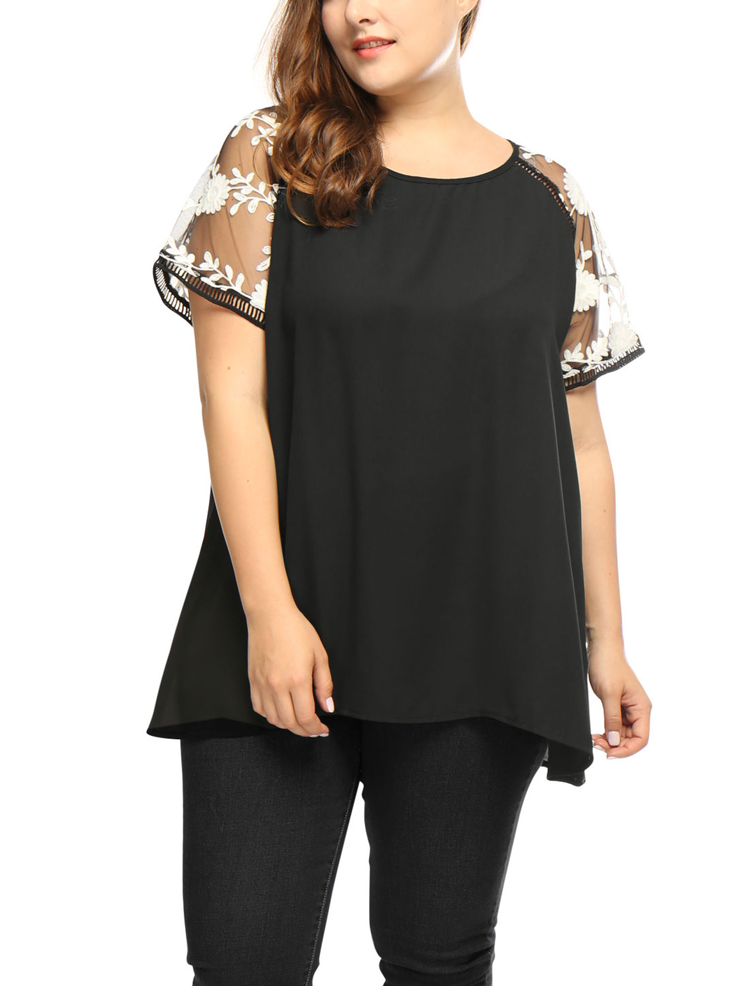 GRACE & GRANDEUR Women's Plus Size Sheer Mesh Panel Crochet Raglan Short Sleeves Blouse 3X Black