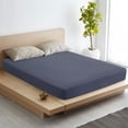 thumbnail image 1 of PiccoCasa Soft 100GSM Twin Striped Bed Fitted Sheets 16 Inch Deep Pocket Navy Blue, 1 of 7